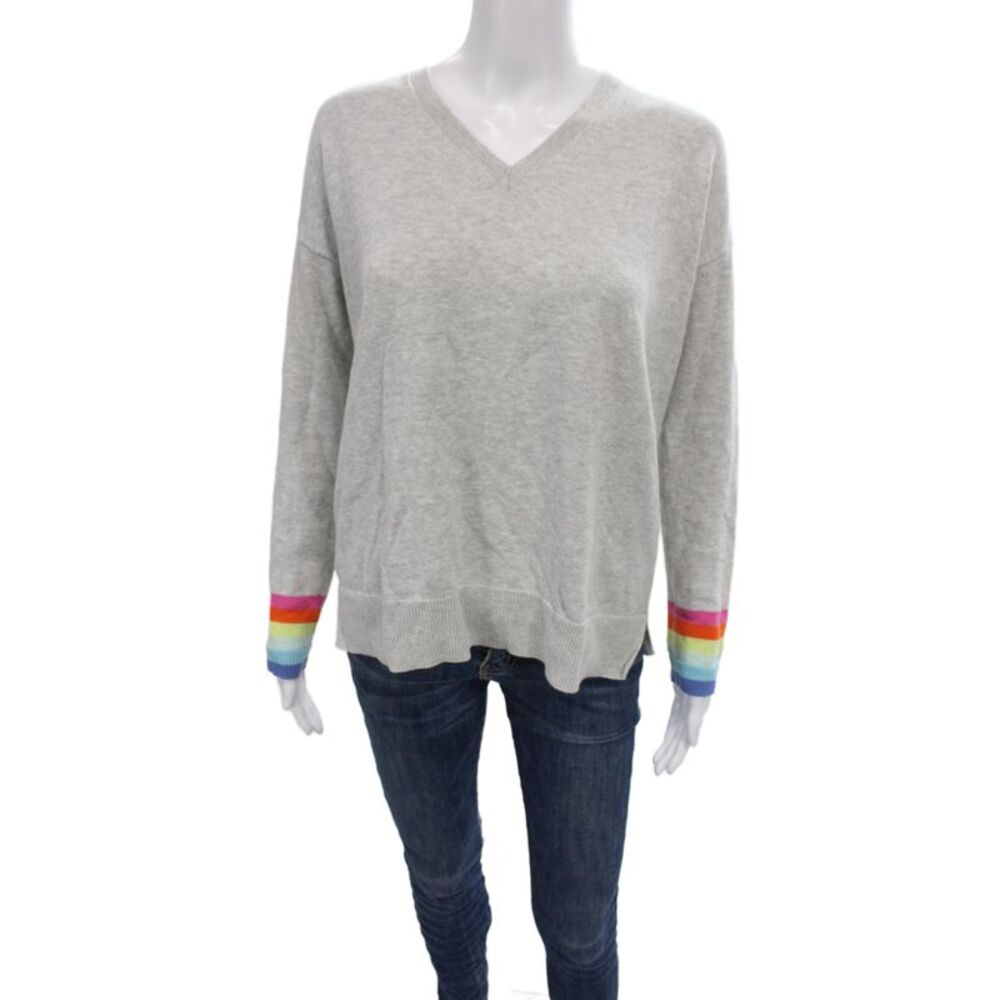 Lisa Todd Women V-Neck Gray 100% Cotton Pullover Sweater Long Sleeve Size XS